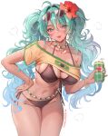  1girl absurdres aegyo_sal alternate_breast_size_(larger) aqua_eyes aqua_hair bead_choker beads bikini bikini_top_under_shirt bikini_under_clothes black_bikini blush bracelet brazilian_flag brazilian_flag_print brazilian_miku breasts can chaisia_art cleavage clothes_lift commentary cowboy_shot english_commentary eyewear_on_head flag_print flower front-tie_bikini_top front-tie_top guarana_antarctica hair_between_eyes hair_flower hair_ornament halterneck hand_on_own_hip hatsune_miku highres holding holding_can jewelry large_breasts leaning_forward long_hair looking_at_viewer multicolored_nails multiple_bracelets navel no_pants paid_reward_available parted_lips print_shirt red_flower shirt shirt_lift side-tie_bikini_bottom simple_background solo standing stomach string_bikini sunglasses swimsuit t-shirt triangle_bikini_top vocaloid wavy_hair white_background yellow_shirt 