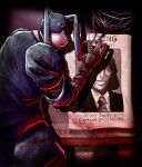  2boys animal_ears animatronic blood bon_the_rabbit commentary english_commentary english_text formal_clothes frogfrogniko furry furry_male highres horror_(theme) jack_walten looking_at_viewer male_focus multiple_boys necktie poster_(object) rabbit_boy rabbit_ears shadow silk solo spider_web suit the_walten_files wanted_poster 