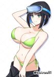  1girl arm_behind_head bikini black_hair blue_hair blunt_bangs blush breasts cleavage commentary_request crosshair_pupils dolphin_wave eines_(dolphin_wave) eyewear_on_head goggles green_bikini green_eyes highres holding_pants kaizaa81 large_breasts looking_at_viewer multicolored_hair navel official_alternate_costume pants sidelocks ski_goggles smile swimsuit unworn_pants 