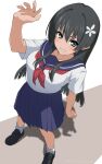  1girl black_shoes blue_eyes blue_sailor_collar blue_skirt blush breasts commentary_request dot_nose flower full_body grin hair_between_eyes hair_flower hair_ornament hand_up highres infinite_moppy large_breasts loafers looking_at_viewer medium_skirt neckerchief partial_commentary pleated_skirt red_neckerchief sailor_collar sakugawa_school_uniform saten_ruiko school_uniform serafuku shadow shirt shoes skirt smile socks solo standing summer_uniform toaru_kagaku_no_railgun toaru_majutsu_no_index white_flower white_shirt white_socks 