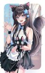  1girl animal animal_ear_fluff animal_ears armpit_crease bare_shoulders black_hair black_tail blue_bow blue_eyes border bow cat cat_ears cat_girl commentary commission english_commentary fangs fluffy_tail hair_between_eyes hair_ornament highres holding holding_animal holding_cat lialee long_hair looking_at_viewer maid open_mouth original outdoors solo star_(symbol) star_hair_ornament tail teeth thighs tongue vgen_commission white_border wrist_cuffs 