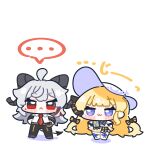  ... 2girls :< :3 ahoge arm_pouch armband black_bow black_horns black_jacket black_pants blonde_hair blue_eyes bow chibi chibi_only closed_mouth collared_shirt commentary_request curled_horns demon_tail dress hair_bow hat highres horns jacket long_hair looking_at_another looking_at_viewer medium_hair multicolored_hair multiple_girls necktie pants phoebe_(wuthering_waves) purple_eyes red_eyes red_necktie shirt simple_background spoken_ellipsis streaked_hair striped_bow syurikenmaru tail thighhighs tight_clothes very_long_hair white_background white_dress white_hair white_hat white_shirt wuthering_waves zani_(wuthering_waves) 