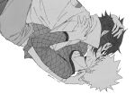  2boys black_hair commentary_request crying facial_mark fishnet_top fishnets greyscale hand_in_another's_hair hand_on_another's_shoulder haruiro_(hrm_ino) highres jacket kiss male_focus midriff_peek monochrome multiple_boys naruto_(series) naruto_shippuuden short_hair spiked_hair tears twitter_username uchiha_sasuke upper_body uzumaki_naruto whisker_markings white_background white_jacket yaoi 