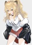  1girl animal_ears arknights black_jacket blonde_hair breasts candy cleavage collar collarbone commentary cowboy_shot food food_in_mouth fur-trimmed_jacket fur_trim grey_background highres jacket large_breasts lion_ears lollipop long_hair looking_at_viewer nanaponi off_shoulder ponytail red_shorts shorts siege_(arknights) simple_background solo studded_collar tank_top torn_clothes torn_shorts white_tank_top yellow_eyes 