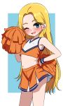  1girl :d absurdres armpit_crease bare_shoulders blonde_hair blue_background blue_trim blush cheerleader commentary contrapposto cowboy_shot crop_top english_commentary fang flat_chest forehead green_eyes hair_behind_ear hanakaji_(yuuchanto) hand_on_own_hip hand_up highres long_hair looking_at_viewer midriff miniskirt navel one_eye_closed open_mouth orange_shirt orange_skirt original parted_bangs pleated_skirt pom_pom_(cheerleading) sasha_(haguhagu) shirt skin_fang skirt sleeveless smile solo standing straight_hair tank_top very_long_hair white_shirt wristband 