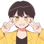  1boy bangs black_hair bright_pupils commission double_v highres jacket long_sleeves looking_at_viewer nokanok original parted_lips shadow short_hair simple_background smile solo upper_body v white_background white_pupils yellow_eyes yellow_jacket 