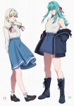  2girls aged_down aged_up arms_behind_back bare_shoulders black_boots black_jacket black_shoes blonde_hair blue_skirt boots breasts closed_mouth collarbone denim denim_skirt frilled_sleeves frills frown full_body gigi_andalusia green_eyes green_hair grey_background grid_background gundam gundam:_hathaway's_flash hair_between_eyes hair_intakes hair_over_shoulder hair_ribbon half_updo hands_in_pockets highres jacket jacket_partially_removed lace-up_boots loafers long_hair long_sleeves low_twintails marulka medium_breasts multiple_girls quess_paraya red_ribbon ribbon shirt shirt_tucked_in shoes skirt sleeveless sleeveless_shirt socks standing twintails white_shirt white_socks zipper 