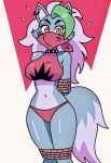 animatronic anthro arms_tied athletic athletic_anthro athletic_female bdsm black_eyebrows bodily_fluids bondage bottomwear bound breasts canid canine canis cheek_tuft cloth_gag clothed clothed_anthro clothed_female clothing collar curvy_figure ear_piercing ear_ring eyebrows eyelashes facial_tuft female five_nights_at_freddy's five_nights_at_freddy's:_security_breach flying_sweatdrops fur gag gagged green_hair grey_body grey_fur grey_tail hair hands_behind_back hi_res jaxattax legs_tied looking_at_viewer machine mammal medium_breasts muffled navel panties piercing red_clothing red_panties red_topwear red_underwear restraints ring_piercing robot rope rope_bondage roxanne_wolf scottgames simple_background solo standing steel_wool_studios submissive submissive_anthro submissive_female sweat sweatdrop tail thick_thighs topwear tuft underwear white_hair wolf yellow_eyes