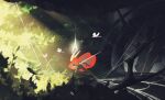  1girl arthropod_girl black_skin bug butterfly cloak colored_skin corvus_noctis full_body glowing highres holding hollow_eyes hollow_knight hollow_knight:_silksong horned_mask hornet_(hollow_knight) horns mask needle_(hollow_knight) plant red_cloak silk solo spider_web weapon white_mask 