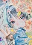  1boy aqua_pupils armor black_eyes blue_cape blue_hair cape choppy_bangs closed_mouth commentary_request expressionless falling_petals flower genshin_impact gold_ring hair_intakes hand_up highres japanese_armor kote looking_at_viewer male_focus middle_ring petals pink_flower pink_petals qiyti scaramouche_(genshin_impact) side_cape solo tsurime wanderer_(genshin_impact) watercolor_effect 