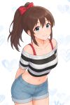  1girl adapted_costume arms_behind_back bare_shoulders black_shirt blue_eyes blue_shorts bow breasts brown_hair closed_mouth collarbone commentary_request cowboy_shot crop_top cropped_shirt denim denim_shorts hair_between_eyes hair_bow heart heart_background high_ponytail highres idolmaster idolmaster_million_live! leaning_forward long_hair looking_at_viewer medium_breasts midriff navel off-shoulder_shirt off_shoulder ponytail red_bow satake_minako shanty_imas shirt short_sleeves shorts sidelocks smile solo striped_clothes striped_shirt white_shirt 