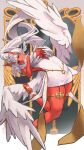  1girl absurdres akumi_(yoclesh) angel angel_wings breasts cleavage colored_skin dress feet head_wings highres horn_ornament horn_ring horns indie_virtual_youtuber large_breasts long_hair looking_at_viewer oni pointy_ears ponytail prim_prim red_horns red_oni red_skin scar scar_on_arm scar_on_chest scar_on_face scar_on_horns scar_on_leg short_dress skin-covered_horns solo toes virtual_youtuber white_dress white_hair white_wings wings yellow_eyes 