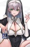  1girl beer_can black_dress breast_curtains breasts can cigarette cleavage cleavage_cutout clothing_cutout commentary_request covered_navel dan'in-san_(shirogane_noel) dress drink_can gold_trim grey_hair guimpe highres holding holding_can holding_cigarette hololive huge_breasts long_sleeves nun_headdress official_alternate_hairstyle open_mouth pelvic_curtain pixie_cut rum_raisin_(chihiromakita19) shirogane_noel shirogane_noel_(battle_nun) short_hair simple_background sitting smoke smoke_trail solo spread_legs thighhighs virtual_youtuber white_background white_thighhighs 