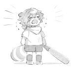  >_< 1boy aged_down animal_ears bandana baseball_bat blush caelus_(honkai:_star_rail) child chinese_commentary clenched_hand closed_eyes commentary_request crying flying_teardrops full_body greyscale hair_between_eyes holding holding_baseball_bat honkai:_star_rail honkai_(series) kemonomimi_mode leonrui male_focus monochrome notice_lines open_mouth patch raccoon_ears raccoon_tail sad screaming shadow shirt shoes short_hair short_sleeves shorts simple_background socks solo standing t-shirt tail trailblazer_(honkai:_star_rail) 