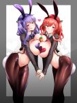  2girls animal_ears arched_back azur_lane bangs between_breasts black_legwear bodysuit breast_press breast_squeeze breasts carrot collar covered_nipples crossed_legs eyebrows_visible_through_hair heart heart_pasties highres holding_hands large_breasts leaning_forward licking_lips long_sleeves looking_at_viewer meme_attire multiple_girls naughty_face navel necktie oohira_sunset pasties playboy_bunny pola_(azur_lane) purple_hair rabbit_ears rabbit_tail red_hair reverse_bunnysuit reverse_outfit strap symmetrical_docking tail tongue tongue_out zara_(azur_lane) 