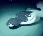  1girl absurdres artist_name commentary dress green_theme highres kurohanenone long_hair long_sleeves marine_snow no_mouth ocean original pale_skin seafloor semi-transparent_dress swimming underwater white_dress 
