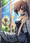  1girl bag black_bag black_choker black_dress black_feathers black_thighhighs blue_sky breasts brown_eyes brown_hair choker cigarette cleavage commentary_request cross cross_necklace dress feather_hair_ornament feathers field flower flower_field hair_ornament handbag highres jewelry long_hair looking_at_viewer minakami_yuki necklace ponytail sky smile smoking solo subarashiki_hibi sukonbu385 sunflower sunflower_field thighhighs variant_set window wrist_cuffs 