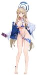 1girl :o absurdres alternate_costume ass_visible_through_thighs barefoot bikini blonde_hair blue_archive blue_bikini blue_eyes blue_hair blue_hairband blue_halo blue_jacket braid breasts cellphone commentary feet full_body hairband halo heart heart_print heart_sticker highleg highleg_bikini highres holding holding_phone jacket large_breasts long_hair long_sleeves looking_at_viewer microphone mismatched_bikini multicolored_hair navel off_shoulder onbawa open_clothes open_jacket parted_lips phone puffy_long_sleeves puffy_sleeves simple_background smartphone solo standing sticker sticker_on_face sticker_on_leg streaked_hair swimsuit toes toki_(blue_archive) two-sided_fabric two-sided_jacket very_long_hair white_background white_bikini white_jacket 