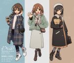  3girls :d adjusting_hair ankle_boots arisa_(aren) artist_name bag beret black_bag black_boots black_hair black_pants blue_coat blue_eyes boots brown_bag brown_boots brown_coat brown_dress brown_eyes brown_hair brown_scarf chinese_text closed_mouth coat coffee commentary_request cup diamond_(shape) disposable_coffee_cup disposable_cup dress drink earrings english_text foot_up_heel_up full_body fur_trim green_eyes grey_dress grey_pantyhose hand_up handbag hands_up hat heel_up holding holding_bag holding_cup holding_drink jewelry long_hair long_sleeves looking_at_viewer multiple_girls no_socks open_mouth original pants pantyhose pearl_earrings plaid_clothes plaid_coat plaid_scarf pocket scarf shoes shoulder_bag signature simple_background smile standing straight-on straight_hair sweater twitter_username unmoving_pattern watermark waving wavy_hair white_hat white_shoes white_sweater 