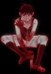  1boy absurdres black_hair black_socks colored_extremities highres knife male_focus no_mouth omori omori_(omori) pale_skin r3dhands red_hands shirt shorts sleeveless sleeveless_shirt socks 