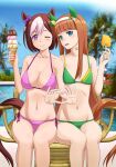  2girls ;) animal_ears bandaid bandaid_on_neck bangs bikini blue_nails blue_sky blunt_bangs blurry blurry_background breasts brown_hair chair clear_sky cleavage closed_mouth commentary_request day depth_of_field food green_bikini green_eyes hachimaki hairband halterneck head_tilt headband heart heart_hands highres holding holding_food horizon horse_ears horse_girl horse_tail ice_cream_cone long_hair looking_at_viewer medium_breasts multicolored_hair multiple_girls nail_polish navel one_eye_closed open_mouth orange_hair outdoors palm_tree partial_commentary pink_nails pool popsicle purple_bikini purple_eyes short_hair side-by-side side-tie_bikini silence_suzuka_(umamusume) sitting sky small_breasts smile special_week_(umamusume) straight_hair swimsuit tail tooo tree two-tone_hair umamusume white_hair white_hairband white_headband 