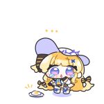  ... 1girl black_bow black_collar black_gloves blonde_hair blue_eyes bow chibi chibi_only collar commentary_request dress food fried_egg full_body gloves hair_bow hair_ornament hand_up hat highres long_hair looking_at_food looking_at_viewer phoebe_(wuthering_waves) plate purple_eyes simple_background solo standing striped_bow syurikenmaru tearing_up very_long_hair white_background white_dress white_hat wuthering_waves x_hair_ornament 
