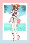  1girl :d absurdres anklet belt black_tank_top blue_border blue_shorts border bracelet brown_belt brown_hair brown_ribbon camera commentary flower flower_bracelet footwear_flower full_body gradient_border gradient_clothes gradient_shirt hair_between_eyes hariikei hat hat_flower hawaiian_shirt hibiscus highres holding holding_camera jewelry leg_ribbon looking_at_viewer meiko_(vocaloid) midriff navel necklace ocean open_mouth pink_border red_shirt ribbon sandals shirt short_hair short_sleeves shorts single_bare_shoulder single_off_shoulder smile solo standing straw_hat tank_top two-tone_shirt untranslatable_commentary vacances_meiko_design_contest vocaloid wallet_chain white_border 