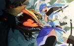  1girl :d absurdres ahoge arm_across_neck armor armpits battle belt blue_hair blue_tunic boots breastplate breasts brooch claws column commission commissioner_upload dinosaur falling fire_emblem fire_emblem:_genealogy_of_the_holy_war from_above gloves gloves_over_elbow_gloves headband highres holding holding_over_opposite_shoulder holding_sheath holding_sword holding_weapon imminent_attack jewelry looking_at_another medium_breasts open_mouth original pelvic_curtain pillar popped_collar purple_eyes rauyu_kaku sash selia_(mrtalkingdino) sharp_teeth sheath short_hair shoulder_armor sidelocks skeb_commission skindentation sleeveless smile solo sword teeth thick_thighs thighhighs thighs tomboy tunic unsheathed weapon white_headband 