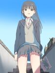  1girl amagami ayatsuji_tsukasa black_eyes black_hair black_jacket black_sailor_collar blazer book collared_shirt commentary_request grey_skirt highres holding holding_book jacket kibito_high_school_uniform kirakira_hapinyan long_hair long_sleeves looking_at_viewer miniskirt mixed-language_commentary pleated_skirt sailor_collar school_uniform shirt skirt sky smirk solo stairs straight_hair sweater_vest white_shirt winter_uniform yellow_sweater_vest 