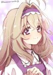  1girl antenna_hair blonde_hair closed_mouth commentary_request dress frilled_hairband frills hair_between_eyes hair_intakes hairband hanamoricat82 highres light_blush long_hair looking_at_viewer meitantei_precure! moria_luluka pinafore_dress precure purple_dress purple_eyes purple_hairband shirt sidelocks sleeveless sleeveless_dress smile solo twitter_username upper_body white_shirt 