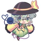  1girl black_hat blush_stickers bow buttons chibi chibi_only chinese_commentary collared_shirt commentary_request diamond_button disembodied_linked_eye eyeball floral_print frilled_shirt_collar frilled_sleeves frills green_eyes green_hair green_skirt hat hat_bow heart heart_of_string highres komeiji_koishi long_sleeves looking_at_viewer open_mouth print_skirt rose_print shirt simple_background skirt sleeves_past_fingers sleeves_past_wrists smile solo touhou white_background wide_sleeves yellow_bow yellow_shirt zhenda10169 
