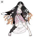  1girl artist_logo black_hair black_haori body_markings breasts checkered_sash cleavage clenched_teeth collarbone commentary_request fingernails full_body gradient_hair haori horns japanese_clothes kamado_nezuko kamado_nezuko_(demon) kimetsu_no_yaiba kimono logo long_hair medium_breasts mery_(yangmalgage) multicolored_hair obi obiage obijime pink_eyes pink_kimono sandals sash sharp_fingernails simple_background single_bare_foot single_horn slit_pupils solo tabi teeth veiny_face white_background zouri 