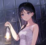  1girl black_hair blue_eyes blush breasts collarbone commentary_request copyright_request dress grey_dress hayakawa_akari highres holding holding_lantern lantern long_hair looking_at_viewer medium_breasts official_art parted_lips patterned_clothing sample_watermark sleeveless sleeveless_dress solo upper_body voice_drama_available watermark window 