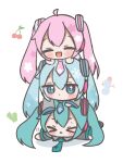  >_< 3girls ahoge blue_eyes blue_hair blush_stickers cherry chibi chibi_only closed_eyes closed_mouth commentary_request double-parted_bangs food fruit full_body green_hair hair_between_eyes hatsune_miku highres human_stacking long_hair lying multiple_girls multiple_persona on_stomach open_mouth pink_hair sakura_miku simple_background snowman spring_onion tina_muchimu twintails vocaloid white_background yuki_miku yuki_miku_(2010) 