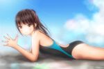  1girl artist_name blue_sky brown_eyes competition_swimsuit day feet_out_of_frame hands_together long_hair looking_at_viewer lying nail_polish on_stomach one-piece_swimsuit original outdoors pink_nails ponytail school_swimsuit sky smile swimsuit yuluvine 
