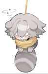  1boy animal_ears black_jacket blush bottomless bound caelus_(honkai:_star_rail) chibi chibi_only closed_eyes crescent full_body grey_fur grey_hair hair_between_eyes honkai:_star_rail honkai_(series) jacket kemonomimi_mode leonrui male_focus open_clothes open_jacket raccoon_ears raccoon_tail rope short_hair simple_background solo speech_bubble star_(symbol) tail thought_bubble tied_up_(nonsexual) tongue tongue_out trailblazer_(honkai:_star_rail) unconscious white_background x_x 
