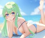  1girl beach bikini blue_bikini blue_eyes blue_sky blush breasts butt_crack cleavage cloud collarbone commentary feet_up frog_hair_ornament green_hair hair_between_eyes hair_ornament hair_tubes head_rest highres hyakuya_iori kochiya_sanae large_breasts long_hair looking_at_viewer lying marine_day ocean on_stomach outdoors side-tie_bikini_bottom signature single_hair_tube sky smile snake_hair_ornament solo swimsuit thighs touhou twitter_username 