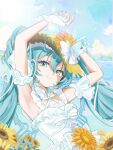 1girl aqua_hair aqua_nails armpit_focus armpits arms_up bow breasts bug butterfly commentary_request day dress fingerless_gloves fingernails flower gloves green_eyes hat hat_bow hat_flower hatsune_miku highres kaiexxx222 light_smile looking_at_viewer magical_mirai_(vocaloid) magical_mirai_miku magical_mirai_miku_(2026) nail_polish outdoors presenting_own_armpit ribbon small_breasts solo sunflower vocaloid white_bow white_dress white_gloves white_ribbon 