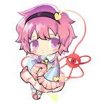  1girl black_hairband blue_shirt buttons chibi chibi_only chinese_commentary collared_shirt commentary_request disembodied_linked_eye eyeball floral_print frilled_shirt_collar frilled_sleeves frills hair_ornament hairband heart heart_button heart_hair_ornament highres komeiji_satori long_sleeves pink_eyes pink_hair pink_skirt pink_slippers print_skirt rose_print shirt simple_background skirt slippers socks solo touhou white_background white_socks wide_sleeves zhenda10169 
