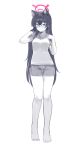  1girl absurdres blue_archive commentary dolphin_shorts greyscale hair_between_eyes halo hand_in_own_hair highres long_hair looking_at_viewer monochrome pink_halo rokun serika_(blue_archive) shirt short_shorts short_sleeves shorts solo t-shirt very_long_hair 