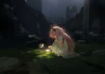 1girl absurdres arknights black_horns bloom commentary_request demon_girl demon_horns dress film_grain from_side glowing heavy_film_grain highres horns light_particles long_hair night outdoors pink_hair ruins solo squatting theresa_(arknights) torn_clothes torn_sleeves uof white_dress 