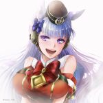  1girl :d animal_ears artist_name bangs blue_bow bow breasts gold_ship_(umamusume) hair_bow highres horse_ears horse_girl isaki_(1015m) large_breasts long_hair open_mouth pillbox_hat purple_eyes red_bow simple_background smile umamusume upper_body white_background 