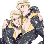  2boys arm_over_shoulder blonde_hair blue_eyes choker clone formal hanrushi jojo_no_kimyou_na_bouken long_sleeves looking_at_viewer male_cleavage male_focus multiple_boys open_clothes open_shirt prosciutto suit teeth toned toned_male vento_aureo white_background 