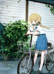  1girl absurdres alternate_costume ankle_socks bicycle bicycle_basket black_shoes blonde_hair blue_ribbon blue_skirt blunt_bangs blush braid bush collared_shirt commentary_request crossed_arms day dot_nose food food_in_mouth from_side fujita_kotone full_body gakuen_idolmaster garage_door hair_ornament hairclip high-waist_skirt highres idolmaster leaning_forward leaning_on_object light_blush loafers long_hair looking_at_viewer multiple_hair_ribbons namae_kimaranai neck_ribbon outdoors plant pleated_skirt popsicle popsicle_in_mouth potted_plant puddle resting ribbon shirt shoes short_sleeves sidelocks skirt socks solo standing twin_braids white_shirt white_socks yellow_eyes 