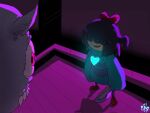  1girl 1other alternate_skin_color aqua_(deltarune) black_hair bow commentary covered_eyes cyan_soul_(utdr) deltarune dress english_commentary fang hair_bow highres holding holding_knife holding_weapon horns knife long_hair monster open_mouth raindancejam red_bow red_eyes red_shoes ruins ruins_(undertale) shoes sleeves_past_fingers sleeves_past_wrists smile soul_(utdr) teeth trait_connection undertale utdr_(toby_fox) weapon 