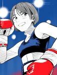  1girl blue_background blue_shorts blue_sports_bra boxing_gloves boxing_shorts commentary_request feet_up gloves gradient_background hatching_(texture) high-waist_shorts highres lee_(dragon_garou) limited_palette linea_alba linear_hatching mouth_guard original partially_colored profile red_gloves short_hair shorts smile solo sports_bra 