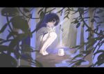  1boy absurdres barefoot black_hair blunt_ends closed_mouth clothing_cutout expressionless eyeliner fireflies full_body genshin_impact grass grey_eyes highres japanese_clothes jar kariginu layered_sleeves looking_at_animal makeup male_focus outdoors plant purple_sleeves purple_veil red_eyeliner scaramouche_(genshin_impact) scaramouche_(kabukimono)_(genshin_impact) see-through_clothes see-through_veil shorts side_cutout solo squatting veil vines white_shorts white_sleeves x_makila 