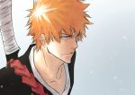  >:) 1boy black_kimono bleach closed_mouth collarbone commentary grey_background hair_between_eyes highres japanese_clothes kimono kurosaki_ichigo looking_ahead male_focus mitarashi_(5333069) nose orange_eyes orange_hair short_hair simple_background smile solo spiked_hair tsurime upper_body upturned_eyes v-shaped_eyebrows 