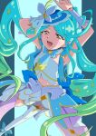  1girl absurdres armpits arms_up blue_bow blue_bowtie blue_hair blue_hat blue_ribbon blue_shoes blue_skirt blue_tube_top boater_hat bow bow_earrings bowtie breasts bridal_gauntlets brooch butterfly_hat_ornament commentary_request cure_eclair diamond_earrings earrings feet_out_of_frame gradient_hair green_hair hat hat_ornament hat_ribbon heart heart_brooch highres howa_kurea jewelry kagekaku long_hair looking_at_viewer magical_girl meitantei_precure! midriff multicolored_hair navel open_mouth overskirt precure purple_bridal_gauntlets red_eyes ribbon shoes single_thighhigh skirt small_breasts smile solo strapless thighhighs tube_top two-tone_hair very_long_hair white_thighhighs 