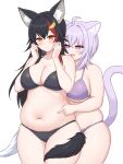  2girls animal_ears bikini black_bikini black_hair blush breasts cat_ears cat_girl cat_tail commentary hair_ornament highres hololive large_breasts long_hair mochigomemcmc multiple_girls navel nekomata_okayu ookami_mio plump purple_bikini purple_eyes purple_hair simple_background stomach swimsuit tail virtual_youtuber white_background wolf_ears wolf_girl wolf_tail 